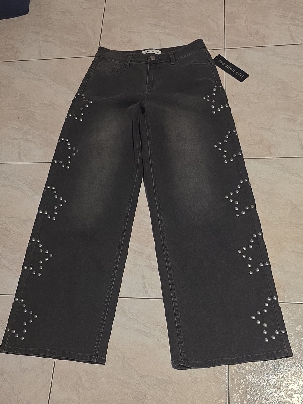Madden Girl Black Wide-Leg Jeans with Silver Stud Accents